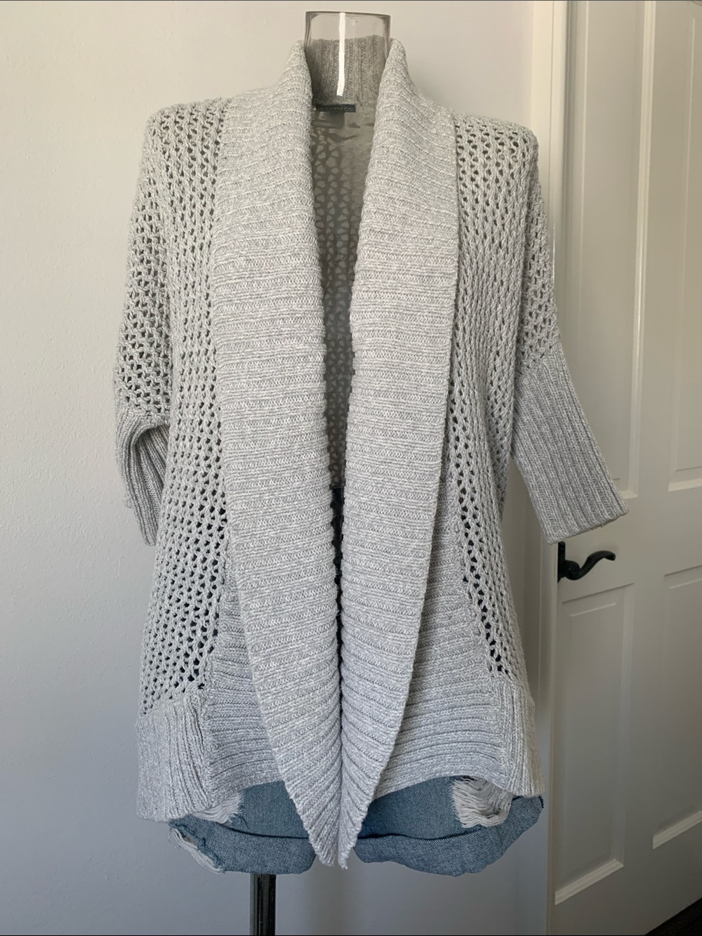 Express Open Knit, Light Gray, Drop Shoulder, Doleman Sleeve, Shawl, Cardigan
